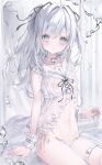  1girl ahoge babydoll belly black_ribbon blue_eyes blush breasts bubble choker collar collarbone commentary english_commentary frills grey_hair hair_intakes hair_ribbon highres long_hair looking_at_viewer navel noah_(0noah) original panties ribbon sailor_collar see-through_clothes side-tie_panties sitting small_breasts solo stomach string_panties thigh_strap two_side_up underwear untied_panties water water_drop wet wet_clothes white_babydoll white_choker white_hair white_panties white_sailor_collar wrist_cuffs 