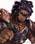  1boy armor artist_name beard black_hair buccaneer_(fire_emblem) burn_scar clenched_hand collar commentary curly_hair dark-skinned_male dark_skin english_commentary facial_hair fire_emblem fire_emblem:_fortune's_weave gzei highres male_focus muscular muscular_male one_eye_closed pauldrons punching scar shoulder_armor smile solo upper_body 