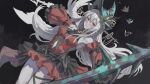  1girl ai-generated angelfish aqua_hat arknights ascot bare_shoulders black_ascot breasts clothing_cutout commentary detached_sleeves dress fish grey_hair hat highres holding holding_staff long_hair looking_at_viewer medium_breasts navel_cutout official_alternate_costume red_dress red_eyes red_sleeves skadi_(arknights) skadi_the_corrupting_heart_(arknights) sleeveless sleeveless_dress solo staff very_long_hair wei_(momoko07dayand1) wide_sleeves 