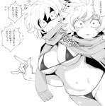  1girl bikini breasts check_translation commentary_request constricted_pupils greyscale henyaan_(oreizm) highres let's_go_kaikigumi looking_at_viewer mechako_(let's_go_kaikigumi) medium_breasts messy_hair micro_bikini monochrome multiple_views navel sanpaku scarf short_hair simple_background speech_bubble stomach swimsuit thought_bubble translation_request white_background 