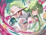  1girl :p absurdres animal_ears arm_up azur_lane blush breasts closed_mouth commentary_request covered_navel fake_animal_ears green_eyes green_hair highres holding holding_brush large_breasts leotard long_hair long_sleeves looking_at_viewer manjuu_(azur_lane) official_alternate_costume one_eye_closed paint paintbrush rabbit_ears raffaello_(azur_lane) raffaello_(magical_combo_masterpiece)_(azur_lane) smile thigh_strap thighs tingin_ee tongue tongue_out white_leotard 
