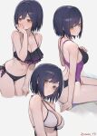  1girl absurdres artist_name bare_shoulders bikini black_bikini black_one-piece_swimsuit blue_hair blush breasts cleavage commentary cropped_legs front-tie_bikini_top front-tie_top gradient_bikini halterneck highres large_breasts looking_at_viewer mole mole_under_eye multiple_views navel nijisanji one-piece_swimsuit purple_bikini shizuka_rin short_hair sideboob simple_background smile sooon standing stomach swimsuit twitter_username virtual_youtuber watermark white_background yellow_eyes 