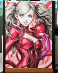  1girl 2023 abstract_background art_tools_in_frame blonde_hair blue_eyes bodysuit breasts cat_mask catsuit commentary english_commentary full-length_zipper gloves hair_ornament highres holding holding_mask large_breasts looking_at_viewer marker_(medium) mask panther_(persona_5) parted_lips persona persona_5 photo_(medium) pink_gloves red_bodysuit signature smile solo stanley_lau takamaki_ann traditional_media twintails unworn_mask upper_body whip zipper 