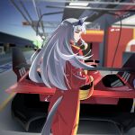 1girl animal_ears blunt_bangs bodysuit bow car commentary ear_bow english_commentary floatingpri from_behind gold_ship_(umamusume) grey_hair helmet highres holding holding_unworn_helmet horse_ears horse_girl horse_tail long_hair motor_vehicle outdoors parted_lips purple_eyes race_vehicle racecar racing_suit red_bodysuit smile solo tail tail_through_clothes umamusume unworn_headwear unworn_helmet 