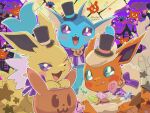  bright_pupils candy commentary_request eevee evolutionary_line flareon flareon_(halloween) food full_moon golbat green_eyes halloween highres jolteon jolteon_(halloween) lollipop moon pokemon pokemon_(creature) pokemon_cafe_remix pumpkin purple_eyes purple_ribbon purple_sky ribbon runachikku sky vaporeon vaporeon_(halloween) white_pupils wrapped_candy 
