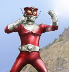  1boy alien artist_name belt blue_sky clenched_hands colored_skin commentary compound_eyes cowboy_shot day dias_(tajima_kouki) fighting_stance forehead_jewel from_below gem giant giant_male gloves glowing glowing_eyes hands_up highres legs_apart lens_flare looking_ahead male_focus mask mountain multicolored_skin no_pupils outdoors pectorals red_mask red_skin redman redman_(character) silver_belt silver_gloves silver_skin silver_trim sky solo standing tokusatsu toned toned_male two-tone_skin wrinkled_skin yellow_eyes yellow_gem 