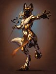  african_wild_dog blue_eyes canine claws loincloth male mammal necklace polearm solo spear tribal utunu wolf-nymph 