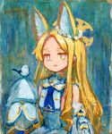  1girl :3 absurdres animal_ear_fluff animal_ears bird bird_on_hand blonde_hair blue_archive blue_background blue_necktie bright_pupils buttons commentary_request cross_halo detached_sleeves double-breasted dress faux_traditional_media forehead fox_ears gold_trim halo highres impressionism jitome long_hair long_sidelocks necktie painterly ribbon ribbon-trimmed_sleeves ribbon_trim seia_(blue_archive) short_necktie sidelocks simple_background sleeves_past_fingers sleeves_past_wrists solo tareme upper_body very_long_hair very_long_sidelocks white_dress white_pupils yellow_halo yellow_ribbon yubanayuna 