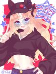  1girl ace_lov animal_ears arched_bangs black_hoodie black_pants blue_eyes blush breasts commentary_request cropped_hoodie ears_under_headwear espoir_city_(umamusume) fang glasses hair_ornament highres hood hoodie horse_ears horse_girl jewelry long_hair long_sleeves looking_at_viewer midriff multicolored_hair multicolored_nails navel necklace one_side_up open_mouth orange_hair pants round_eyewear small_breasts smile solo umamusume 