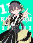  1girl aqua_background beret black_coat black_hair black_hat black_necktie center_frills character_name coat collared_shirt commentary corset countdown cowboy_shot frilled_shirt frills grey_corset grin hair_ornament hat highres holding holding_microphone jellyfish_cut katsuragi_izumi love_live! love_live!_hasu_no_sora_jogakuin_school_idol_club microphone mifukuzawa necktie offering_hand open_hand orange_eyes outstretched_arm plaid_clothes plaid_corset shirt slit_pupils smile solo striped_clothes striped_necktie theater_ikizama triangle_hair_ornament vertical-striped_clothes vertical-striped_necktie virtual_youtuber white_shirt yellow_necktie 