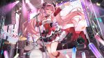  >_< 1girl :d absurdres ahoge black_bow black_hairband blush bow breasts commentary cowboy_shot cymbals detached_sleeves dress drum drum_set fingernails gem glowstick hair_between_eyes hairband highres holding holding_glowstick holding_microphone_stand instrument layered_dress long_hair long_sleeves medium_breasts microphone microphone_stand open_mouth original outstretched_arm pink_hair purple_eyes red_gem red_sleeves signature sleeveless sleeveless_dress smile solo speaker stage stage_lights star-shaped_pupils star_(symbol) symbol-shaped_pupils teeth truss twintails upper_teeth_only very_long_hair xd yamaha yuuichi_yuiko 