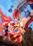  1boy artist_name backpack bag black_bag black_shoes blue_sky brown_hair charcadet commentary day debris embers english_commentary fire florian_(pokemon) flying_bunns full_body hat highres legs_apart midair naranja_academy_school_uniform open_mouth orange_shorts orthworm outline poke_ball poke_ball_(basic) pokemon pokemon_(creature) pokemon_scarlet_and_violet school_uniform shirt shoes short_hair short_sleeves shorts sky standing striped_clothes striped_shorts unworn_hat unworn_headwear vertical-striped_clothes vertical-striped_shorts waist_poke_ball white_hat white_shirt 