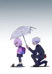  1boy 1girl aged_down anti_(ssss.gridman) bag commentary_request formal_clothes glasses grey_hair gridman_universe gridman_universe_(movie) highres holding holding_umbrella jacket official_alternate_costume purple_hair road-579 school_bag shinjou_akane shirt short_hair skirt suit sweater sword umbrella weapon 