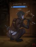  1girl black_gloves black_hair black_panties brown_jacket brown_pants colored_skin dark_elf dunmer earrings elf from_behind gameplay_mechanics gloves grey_skin highres jacket jewelry lockpick ony01 panties pants pointy_ears red_eyes short_hair solo sound_effects squatting the_elder_scrolls the_elder_scrolls_v:_skyrim thieves_guild thieves_guild_armor_(the_elder_scrolls_v:_skyrim) underwear 