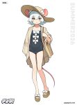  1girl 2026 absurdres animal_ears bag black_one-piece_swimsuit bow brown_cardigan brown_sandals cardigan center_opening character_name clothing_cutout commentary copyright_name crossed_bangs ears_through_headwear english_commentary flat_chest footwear_bow full_body go!_go!_gris! green_eyes groin hat highres holding_strap knees long_sleeves looking_at_viewer medium_hair midriff_peek mouse_ears mouse_girl mouse_tail navel one-piece_swimsuit open_cardigan open_clothes parted_lips perl_(go!_go!_gris!) pigeon-toed platform_sandals raised_inner_eyebrows sandals shoulder_bag sidelocks simple_background sleeves_rolled_up solo spaghetti_strap standing straight-on sun_hat sweatdrop swimsuit tail teeth thighs toes vertigris white_background white_bow white_hair wide_sleeves 
