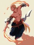  1boy ammsp722 baggy_pants bare_shoulders barefoot black_pants blonde_hair commentary_request detached_sleeves earrings final_fantasy final_fantasy_vi full_body gold_bangle hair_tie highres jewelry low_ponytail male_focus muscular muscular_male outstretched_arms pants ponytail sabin_rene_figaro sash see-through_clothes see-through_sleeves short_hair solo topless_male twintails waist_sash 