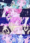  5girls akimoto_komachi animal_print arm_warmers bare_shoulders black_background blonde_hair blue_bow blue_bowtie blue_eyes blue_hair bow bowtie brooch butterfly_earrings butterfly_hair_ornament butterfly_print closed_mouth collarbone commentary_request cure_aqua cure_dream cure_lemonade cure_mint cure_rouge determined drill_hair earrings floating_hair frilled_shirt frills frown gem green_bow green_bowtie green_eyes green_gem green_hair hair_ornament hair_rings high_ponytail highres jewelry kasugano_urara_(precure) light_particles long_hair looking_at_viewer low_twintails magical_girl minazuki_karen multiple_girls natsuki_rin notice_lines off-shoulder_shirt off_shoulder open_mouth pink_bow pink_bowtie pink_eyes pink_hair ponytail precure print_bow print_bowtie red_eyes red_hair remonmoe shirt short_hair sleeveless sleeveless_shirt sparkle surprised twin_drills twintails upper_body v-shaped_eyebrows very_long_hair watch white_arm_warmers white_shirt wristwatch yellow_bow yellow_bowtie yellow_eyes yes!_precure_5 yumehara_nozomi 