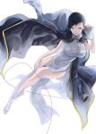  1girl azioso_dette black_hair black_jacket breasts china_dress chinese_clothes commentary_request computer devil_survivor_(series) devil_survivor_2 dress full_body grey_eyes holding holding_laptop jacket kanno_fumi laptop large_breasts megami_tensei shoes short_hair simple_background slippers solo white_background white_dress white_shoes white_slippers 