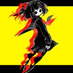  1girl amemori_sayo amemori_sayo_(1st_costume) black_eyes black_pantyhose black_sailor_collar black_serafuku black_shirt black_shoes black_skirt closed_mouth commentary_request drop_shadow empty_eyes from_behind full_body hair_bobbles hair_ornament letterboxed limited_palette looking_at_viewer looking_back medium_hair miniskirt neckerchief nijisanji oshaka_(haguki) outside_border pantyhose pleated_skirt pointy_shoes red_neckerchief sailor_collar school_uniform serafuku shirt shoes simple_background sketch skirt sleeves_past_wrists smile solo turning_head virtual_youtuber yellow_background 