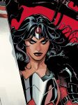 1girl absolute_dc absolute_wonder_woman absurdres artist_collaboration black_hair blue_eyes circlet commentary dc_comics english_commentary highres long_hair looking_at_viewer rachel_dodson red_background simple_background solo terry_dodson upper_body wonder_woman wonder_woman_(absolute_dc) 