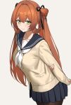  1girl absurdres arms_behind_back black_pantyhose breasts cardigan collarbone commentary_request cowboy_shot fuyutuji girls'_frontline girls'_frontline_2:_exilium green_eyes hand_on_own_arm highres light_blush looking_at_viewer medium_breasts multiple_hair_ribbons neckerchief orange_hair pantyhose pleated_skirt sailor_collar skirt smile solo springfield_(girls'_frontline) springfield_(girls'_frontline_2) twintails 