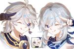  1boy 2girls aether_(genshin_impact) ahoge alternate_color bare_shoulders black_gloves black_scarf blue_eyes blue_scarf braid bright_pupils brother_and_sister closed_mouth earrings eyelashes feather_hair_ornament feathers fingerless_gloves genshin_impact gloves gold_trim grey_hair hair_between_eyes hair_ornament hand_up jewelry long_hair looking_at_viewer low-braided_long_hair low-tied_long_hair lumine_(genshin_impact) maaruku00o multiple_girls one_eye_closed paimon_(genshin_impact) scarf shirt short_hair short_sleeves siblings sidelocks simple_background single_braid single_earring smile star_(symbol) star_hair_ornament tongue tongue_out white_background white_hair white_pupils white_shirt 