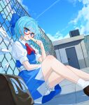  1girl ascot bag bespectacled blue_bow blue_dress blue_eyes blue_hair blue_sky blush bow chain-link_fence chimi_(s2yuyukos2) cirno cloud collared_shirt commentary day detached_wings dress eating fence food glasses hair_bow highres holding holding_food holding_popsicle ice ice_wings looking_at_viewer on_rooftop pinafore_dress popsicle puffy_short_sleeves puffy_sleeves red-framed_eyewear red_ascot sash school_bag semi-rimless_eyewear shirt short_hair short_sleeves sitting sky sleeveless sleeveless_dress socks solo touhou under-rim_eyewear waist_sash white_sash white_shirt white_socks wings 