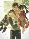  1boy 2girls black_hair black_pants blue_sky border breasts brown_hair cardigan carrying closed_eyes closed_mouth commentary_request couple derivative_work eren_yeager falling_petals family green_eyes grey_shirt hair_between_eyes hetero highres holding_hands if_they_mated interlocked_fingers light_smile long_hair looking_at_another medium_breasts mikasa_ackerman multiple_girls open_mouth original pants parted_bangs petals pink_cardigan pink_petals ponytail princess_carry red_scarf scarf shingeki_no_kyojin shirt short_hair short_twintails sky smile socks twintails twitter_username white_border white_shirt white_socks yabi_oblivion 