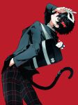  1boy amamiya_ren animal ass bag black_eyes black_hair black_jacket black_pants cat cat_tail character_charm charm_(object) commentary eye_mask from_behind grey_eyes hand_in_pocket hand_on_own_head hello_kitty hello_kitty_(character) highres holding holding_animal holding_cat jacket looking_at_viewer looking_back male_focus mask pants persona persona_5 plaid_clothes plaid_pants red_background sanrio sava_9990 school_bag school_uniform short_hair shoulder_bag shuujin_academy_school_uniform simple_background solo tail untranslatable_commentary 