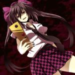  akasata bad_id bad_pixiv_id blouse bow cellphone checkered checkered_skirt dutch_angle empty_eyes hat hata-tan heart himekaidou_hatate long_hair necktie phone purple_eyes skirt solo tokin_hat touhou twintails 