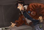  1boy banknote black_hair black_shirt blue_pants bomber_jacket brown_jacket coin commentary constricted_pupils english_commentary gambling gloom_(expression) grin highres itou_kaiji jacket long_hair long_sleeves looking_afar male_focus money open_clothes open_jacket pants patch pointy_nose san_la_vraie shirt smile solo tobaku_mokushiroku_kaiji upper_body v-shaped_eyebrows 