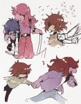  1girl 1other blue_hair blue_pants blue_skin brown_hair carrying carrying_under_arm colored_skin commentary_request corogarucoromo covered_eyes cropped_legs deltarune furry furry_female highres holding_hands jacket kris_(dark_world)_(deltarune) kris_(deltarune) lifting_person multiple_views open_mouth pants pink_skin purple_hair purple_jacket running shaded_face short_hair simple_background susie_(dark_world)_(deltarune) susie_(deltarune) utdr_(toby_fox) white_background 