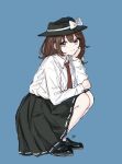  1girl absurdres arm_on_knee black_hat black_shoes black_skirt blue_background bow brown_eyes brown_hair closed_mouth collared_shirt elbow_rest hair_between_eyes hair_bow hand_on_own_cheek hand_on_own_face hat hat_bow highres kashiwada_kiiho loafers long_sleeves looking_at_viewer medium_hair necktie red_necktie ribbon-trimmed_skirt ribbon_trim shirt shirt_tucked_in shoes signature simple_background skirt smile socks solo squatting touhou usami_renko white_bow white_shirt white_socks 
