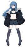  1girl absurdres ahoge bare_shoulders bianca_(black_survival) black_jacket black_shorts black_survival black_thighhighs blue_hair breasts breasts_apart cleavage_cutout closed_mouth clothing_cutout commentary_request crop_top cross-shaped_pupils double-parted_bangs eternal_return:_black_survival full_body geah hair_between_eyes hands_in_pockets highres jacket korean_commentary long_hair long_sleeves looking_at_viewer navel no_shoes open_clothes open_jacket red_eyes short_shorts shorts simple_background small_breasts smile solo standing stomach symbol-shaped_pupils thighhighs white_background 