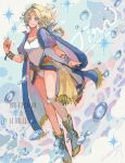  1girl blonde_hair blue_boots blue_cape blue_eyes blue_jacket boots bubble cape commentary_request cropped_jacket earrings final_fantasy final_fantasy_vi full_body gold_trim jacket jewelry leotard long_hair official_alternate_costume parted_bangs ponytail puffy_short_sleeves puffy_sleeves sash short_sleeves smile solo terra_branford twintails two-sided_cape two-sided_fabric uedymummy0921 waist_sash wavy_hair white_cape white_leotard 