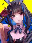  1girl @_@ absurdres animal_ears bare_shoulders black_gloves black_hair black_leotard blue_hair blush bow bowtie breasts cleavage coin coin_on_string colored_inner_hair commentary_request detached_collar eyeliner fake_animal_ears fate/grand_order fate_(series) gloves grey_eyes highres holed_coin hypnosis jacket leotard long_hair long_sleeves looking_at_viewer makeup medium_breasts mind_control multicolored_hair multicolored_jacket off_shoulder open_mouth phazer_(phaazerofficial) playboy_bunny rabbit_ears red_gloves sidelocks solo tenochtitlan_(fate) tenochtitlan_(swimsuit_mooncancer)_(third_ascension)_(fate) two-tone_jacket white_jacket yellow_background yellow_jacket 