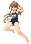  1girl absurdres bare_legs barefoot black_one-piece_swimsuit brown_eyes brown_hair character_name commentary_request cowboy_shot flat_chest full_body fumizuki_(kancolle) highres kantai_collection long_hair name_tag old_school_swimsuit one-piece_swimsuit ponytail running school_swimsuit simple_background smile solo swimsuit white_background yashin_(yasinz) 