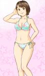  1girl aqua_bikini bikini blush breasts brown_eyes brown_hair closed_mouth collarbone commentary_request cowboy_shot floral_print floral_print_bikini hand_on_own_head hand_on_own_hip hayanoshun navel original print_bikini short_hair side-tie_bikini_bottom smile solo standing star_(symbol) star_symbol_background stomach swimsuit 