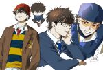  1boy baseball_helmet baseball_uniform beanie black-framed_eyewear blue_necktie blue_sweater brown_coat brown_eyes brown_hair chest_protector chibi closed_mouth coat commentary_request daiya_no_ace dress_shirt glasses goggles grin hands_in_pockets hat helmet highres looking_at_viewer male_focus miyuki_kazuya multiple_views necktie parted_lips rectangular_eyewear red_necktie sa_mon shirt short_hair sideburns simple_background smile sportswear sweater teeth translation_request white_background white_shirt 
