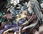  1boy 1girl artist_name blue_hair breasts brother_and_sister chrono_trigger cloak commentary_request dress earrings fangs flower green_eyes grey_hair grey_skirt hair_slicked_back highres jewelry looking_at_another magus_(chrono_trigger) medium_breasts open_mouth parted_bangs pointy_ears ponytail purple_dress red_cloak schala_zeal siblings skirt tooth_earrings uzutanco white_flower widow's_peak 