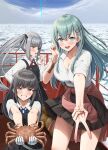  3girls animal black_dress black_hair black_skirt black_vest blue_sky blunt_bangs breasts cardigan cardigan_around_waist cleavage clothes_around_waist cloud collared_shirt commentary_request crab day dress dress_shirt gloves green_eyes green_hair grin gyaru_v hayashio_(kancolle) highres holding holding_animal ice ichikawa_feesu kantai_collection kasumi_(kancolle) kasumi_kai_ni_(kancolle) large_breasts laser long_hair multiple_girls outdoors pinafore_dress railing shirt side_ponytail skirt sky sleeveless sleeveless_dress smile suzuya_(kancolle) suzuya_(school_girl)_(kancolle) v vest white_gloves white_shirt 