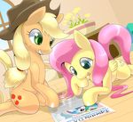  applejack_(mlp) blonde_hair blue_eyes blush cowboy_hat crown cute cutie_mark duo english_text equine female feral fluttershy_(mlp) friendship_is_magic green_eyes hair hat horn horse long_hair mammal multi-colored_hair my_little_pony newspaper open_mouth oze pegasus pink_hair pony princess princess_celestia_(mlp) royalty smile text tongue winged_unicorn wings zoe_(artist) 