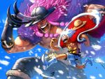  2boys abs arm_tattoo bandages bandages_over_eyes belt black_gloves borudbrian braid braided_sidelocks cape gear_fifth gloves hat highres horns loki_(one_piece) long_hair male_focus monkey_d._luffy multiple_boys one_piece pectorals purple_hair sidelocks tattoo topless_male 