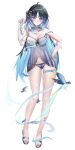 1girl ahoge babydoll bird black_hair black_sandals blue_babydoll blue_eyes blue_hair blue_panties breasts commentary covered_nipples facial_mark forehead_mark full_body hair_intakes highres light_blush looking_at_viewer multicolored_hair o-ring o-ring_thigh_strap panties sandals see-through_babydoll see-through_clothes simple_background small_breasts smile solo spaghetti_strap standing tacet_mark_(wuthering_waves) thigh_strap toes underwear untranslatable_commentary wasami white_background white_hair wuthering_waves yangyang_(wuthering_waves) yangyang_(xuanling)_(wuthering_waves) 