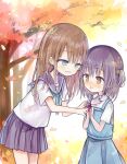  2girls amakaze_sora autumn_leaves blue_dress blue_eyes blue_nails blue_sailor_collar blue_skirt blush brown_eyes brown_hair collared_shirt commentary_request dress dress_shirt earrings grey_hair hair_ornament jewelry leaf long_hair multiple_girls nail_polish neck_ribbon nose_blush original outdoors pinafore_dress pleated_skirt red_ribbon ribbon sailor_collar school_uniform serafuku shirt skirt sleeveless sleeveless_dress smile star_(symbol) star_hair_ornament tree two_side_up white_shirt yuri 