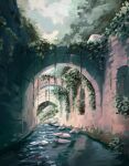  12fulworlds arch blue_sky canal cloud highres no_humans original outdoors overgrown painterly plant rock ruins scenery sky vines water 