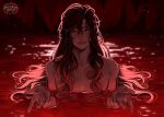  1boy ahoge androgynous artist_name beckoning black_hair bottomyllz branded brown_eyes brown_hair chainsaw_man collarbone commentary completely_nude english_commentary grandmaster_of_demonic_cultivation hair_between_eyes hair_down hair_ribbon half_updo highres i'll_teach_you_everything_(chainsaw_man) long_hair looking_at_viewer male_focus nude official_alternate_hairstyle open_hands outstretched_hand parted_lips partially_submerged pectorals realistic red_eyes red_light red_ribbon red_theme ribbon scar scar_on_chest scene_reference seductive_smile sidelocks smile solo upper_body very_long_hair water wavy_hair wei_wuxian wei_wuxian_(yiling_laozu) wet wet_hair 