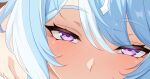 1girl blue_hair blush commentary_request cropped eyes_visible_through_hair genshin_impact hair_between_eyes implied_fellatio looking_at_viewer odette_(genshin_impact) purple_eyes solo takashia 