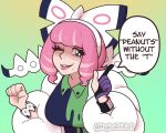  1girl bow bracelet breasts collared_shirt commentary drill_hair drill_sidelocks dynamax_band english_commentary english_text eyeshadow flipped_hair fur_jacket hair_bow hairband highres jacket jewelry klara_(pokemon) lipstick magicalgirlcarl makeup medium_breasts mole mole_under_mouth one_eye_closed pink_eyeshadow pink_hair pink_lips pokemon pokemon_sword_and_shield print_shirt purple_eyes shirt short_hair sidelocks smile solo two-tone_shirt upper_body white_bow white_hairband 