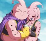  1boy 1girl :d ;d ^_^ antennae arm_cuffs black_nails black_sclera black_vest blue_sky borrowed_character breasts cape cleavage closed_eyes colored_sclera colored_skin commentary_request commission crop_top day dragon_ball dragon_ball_online earrings fat fat_buu fat_man female_majin gloves hetero holding_hands jewelry looking_at_viewer majin_buu majin_lamp_(epe-tohri) medium_breasts navel one_eye_closed open_clothes open_mouth open_vest original outdoors pink_skin purple_cape red_eyes rom_(20) shirt skeb_commission sky smile vest white_shirt yellow_gloves 